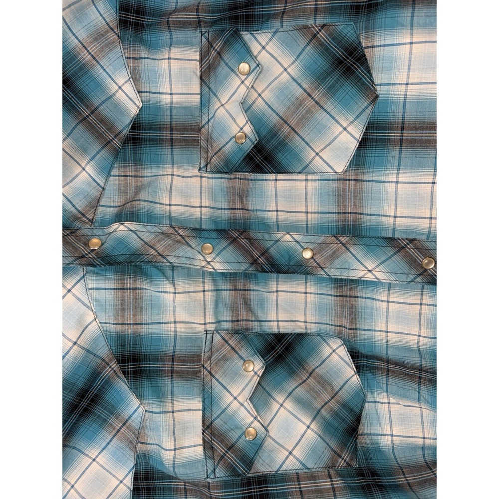 Wrangler Western Pearl Snap Button Long Sleeve Shirt Teal & Black Plaid XL - Picture 7 of 7